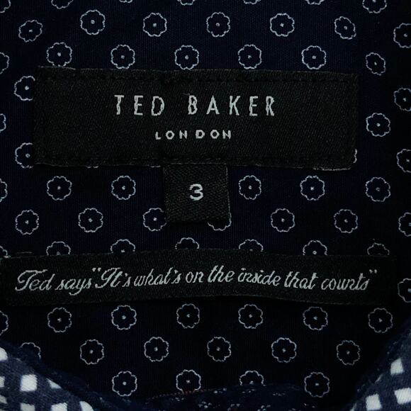 Ted Baker Shirt Mens M Navy Geometric Short Sleeve Button Up Cotton Stretch - Picture 11 of 15